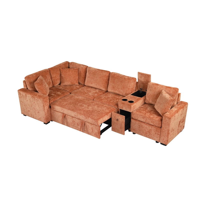 Modular L-Shaped Sectional Sofa Bed With Pull-Out Sleeper, Cup Holders, And Storage