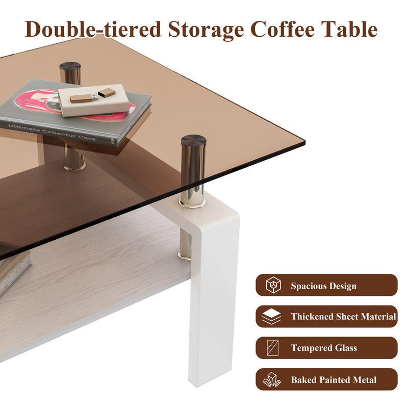 Modern Rectangular Coffee Table With Tempered Transparent Glass Top And Storage Shelf