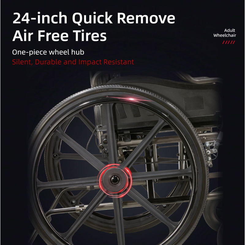 Lightweight Wheelchair Foldable 300 Lbs Capacity 24" Tires Adjustable Seat Belt And Anti Backflip Device Safe And Durable Transport Chair For And Disabled - Silver