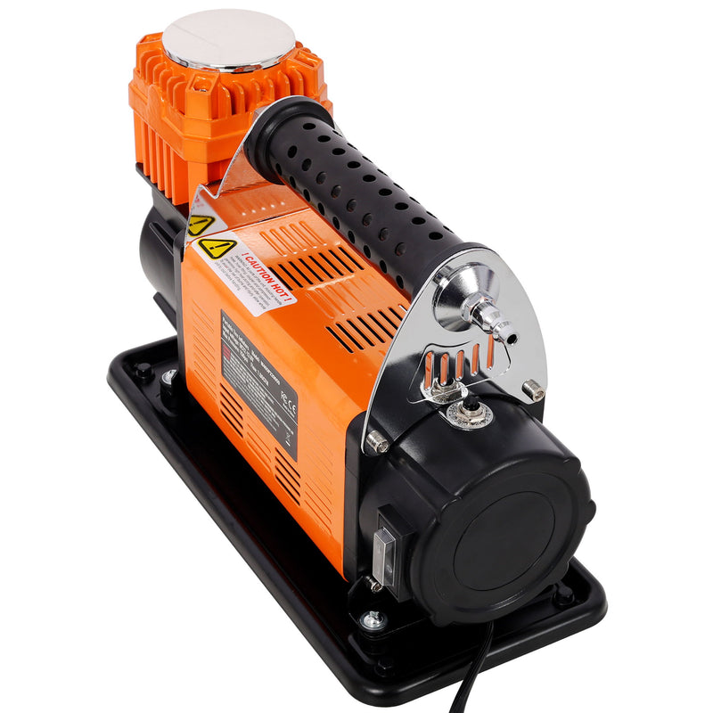 Heavy Duty 12V Air Compressor, Tire Inflator With Pressure Gauge, Compact Size - Black / Orange