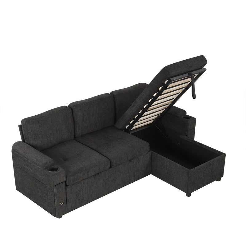 Convertible L Shaped Sofa Couch With Storage, Cup Holders, USB Ports