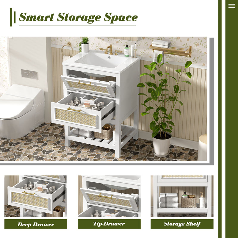 Modern Bathroom Vanity With Integrated Sink, Cabinet With 1 Deep Drawer And 1 Tip-Out Drawer