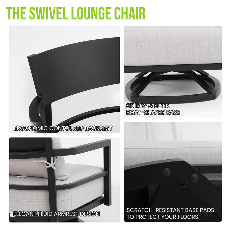 Outdoor Swivel Lounge Chair With Sunbrella Cushion, Weather Resistant - Ember Black