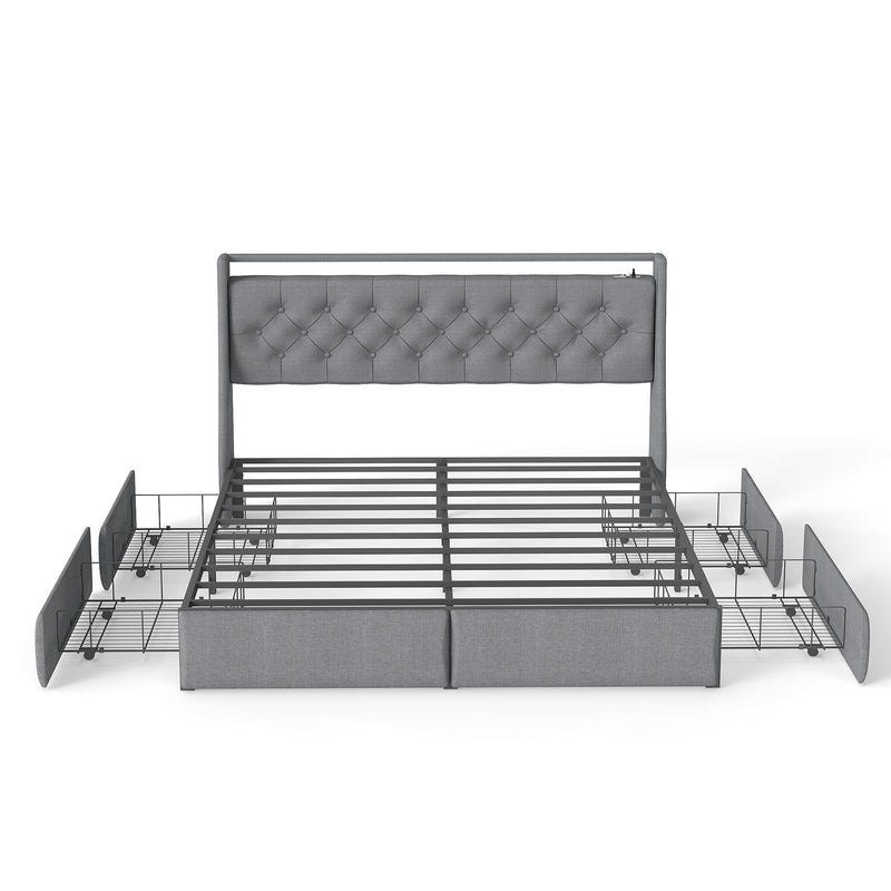 Platform Bed Frame With RGB LED Lights, Charging Station, Storage Headboard & 4 Underbed Drawers