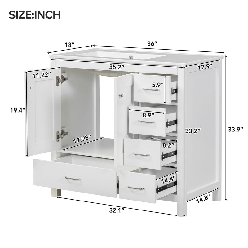Bathroom Vanity With Ceramic Sink Combo, Abundant Storage Cabinet 2 Soft Close Doors And 5 Drawers