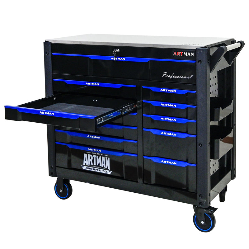 12 Layer Drawer Multi Purpose Tool Cart With Wheels And Iron Top - Black / Blue
