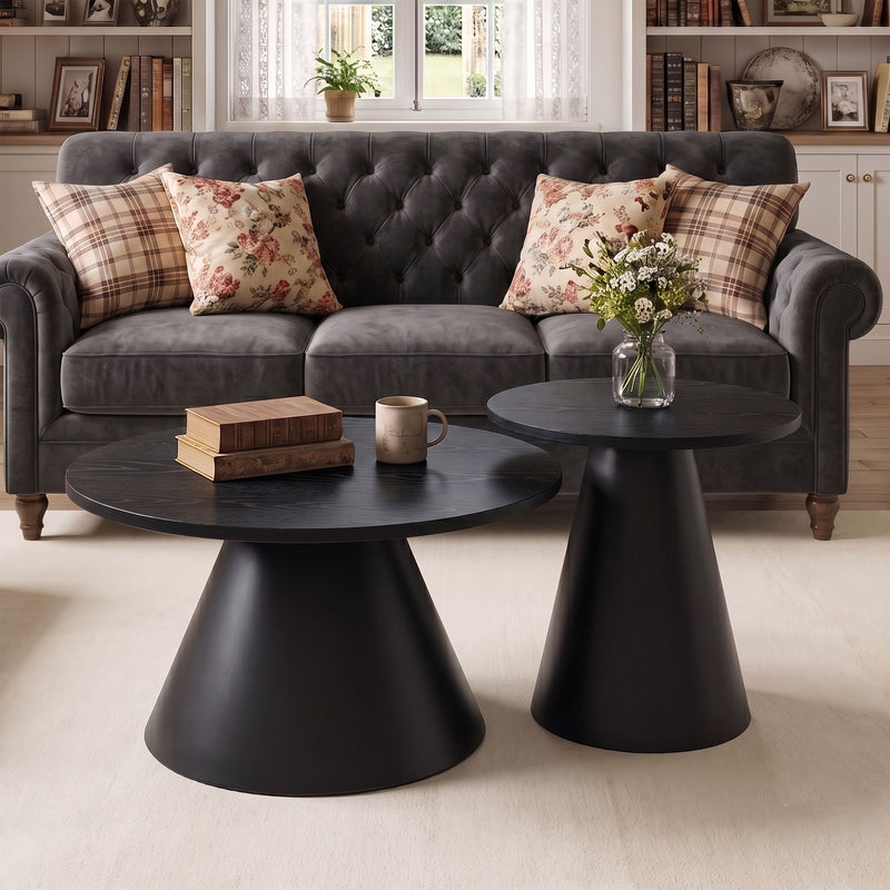 Nesting Coffee Table, Adjustable Foot Pads For Living Room (Set of 2) - Black