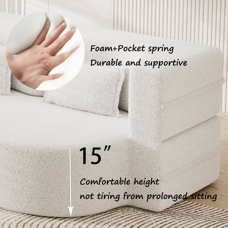 Modern Floor Sofa, With 2 Pillows, Convertible Teddy Fabric Foam Filled Bed