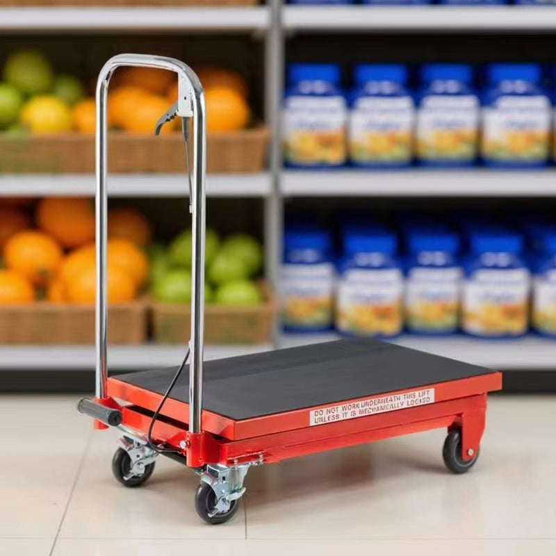 Hydraulic Lift Table Cart 500Lbs Load Red Single Scissor Lift With Non Slip Pads And Wheels - Red / Black