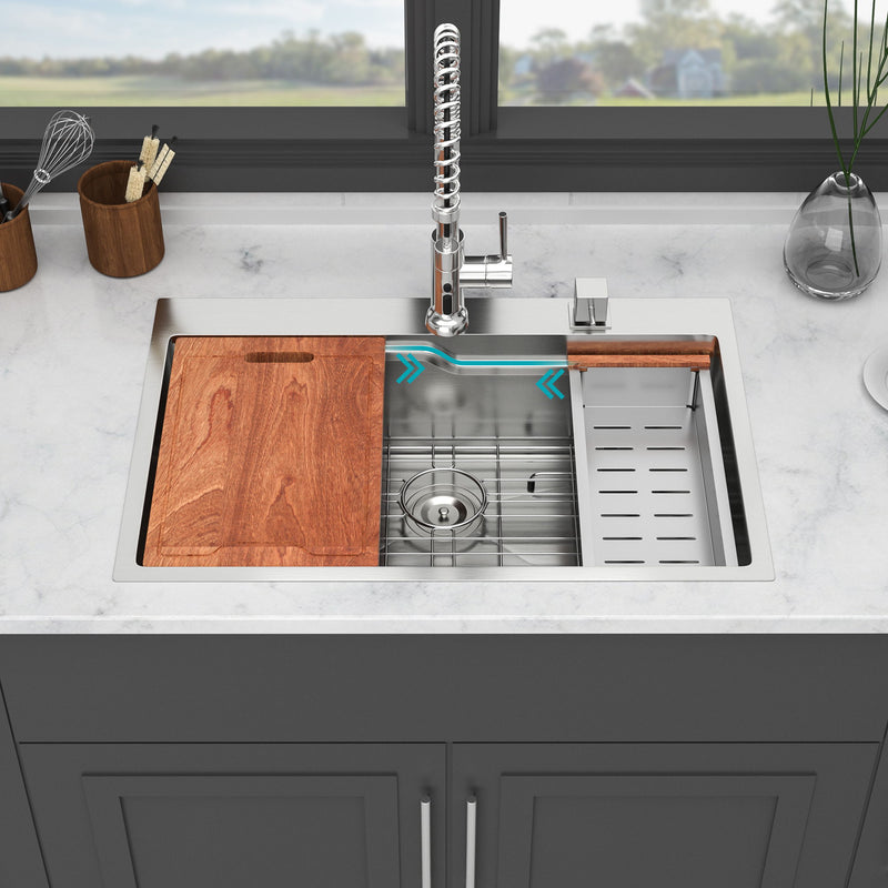 33" Drop In Kitchen Sink With Ledge Workstation, Single Bowl, 16 Gauge Stainless Steel - Brushed Nickel