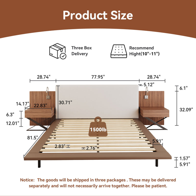 Floating King Size Bed With Integrated Side Tables And Smart Lighting - Beige Gray / White