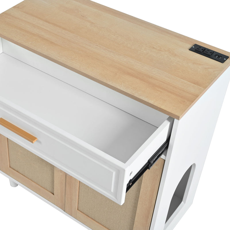Pet Friendly Furniture Style Cat Litter Box House With Sisal Scratching Door And Charging Socket - Beige / White