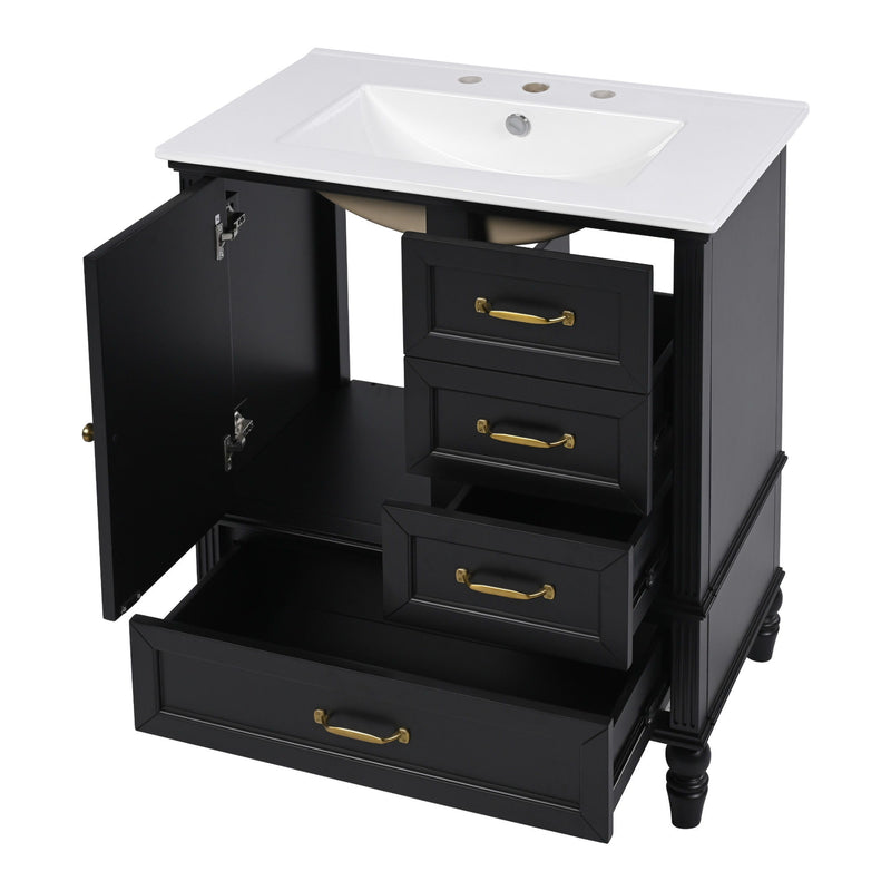 30" Bathroom Vanity With Sink, 3 Drawers, Adjustable Feet