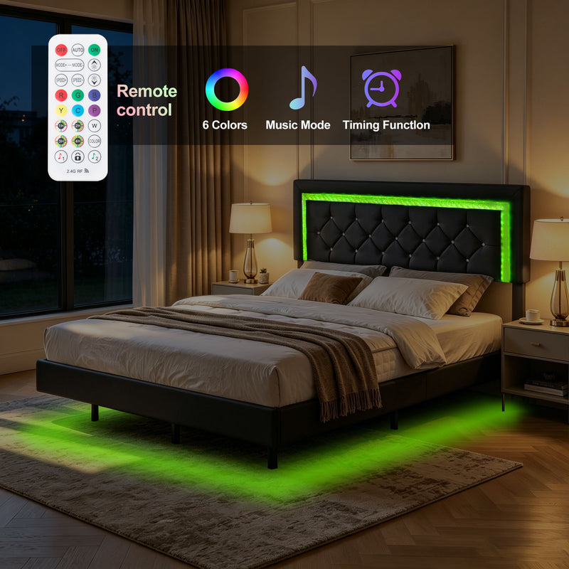 Platform Bed Frame With Adjustable Upholstered Headboard, RGB LED Lights, No Box Spring Needed