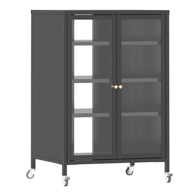 Media Storage Cabinet With Wheels, 4 Adjustable Glass Shelves & Door, Heavy-Duty - Black