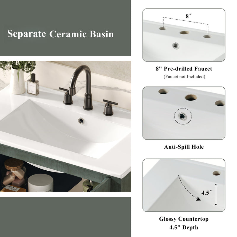 Vintage Bathroom Vanity With Ceramic Sink, Adjustable Shelves