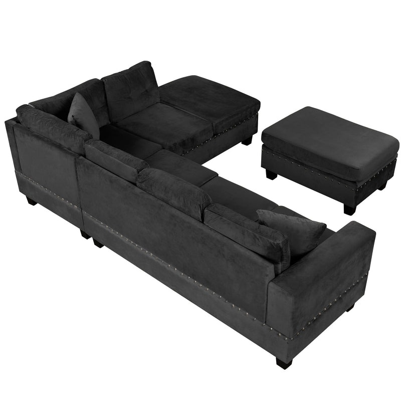 Modern Sectional Sofa With Storage Ottoman, L - Shape Couch With 2 Pillows And Cup Holders