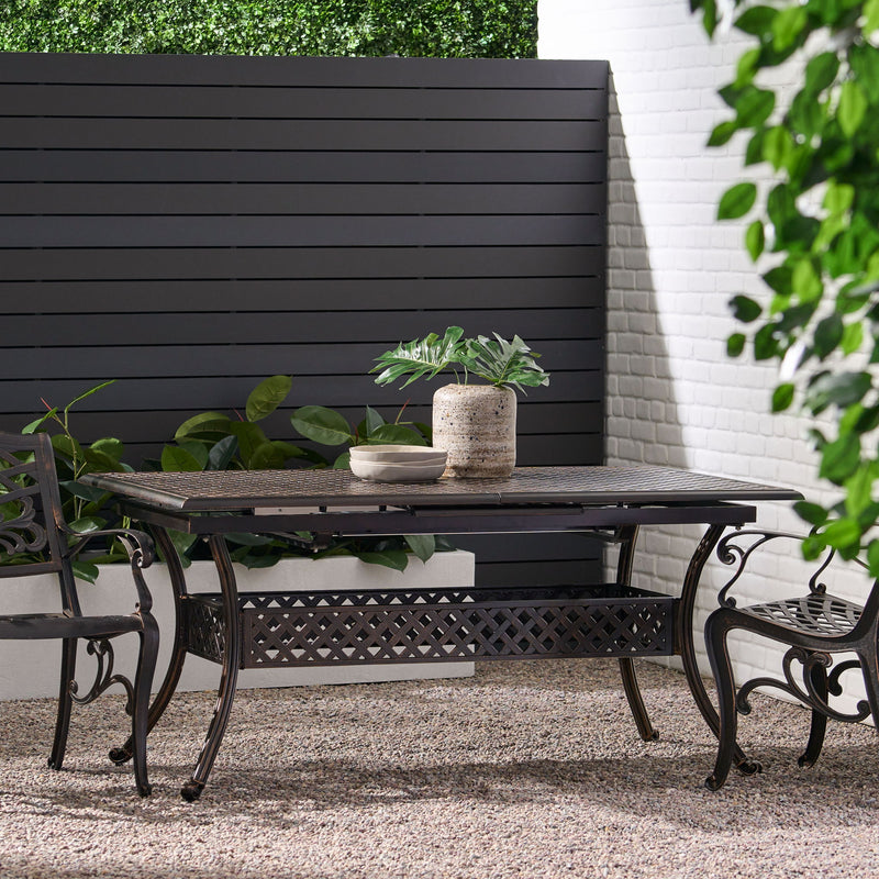 Outdoor Expandable Dining Table With Umbrella Holder, Lattice Pattern And Curved Legs - Black