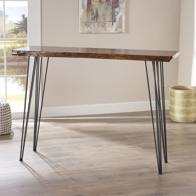 Modern Industrial Breakfast Bar Table, Metal Hairpin Legs & Wood Veneer Top - Natural