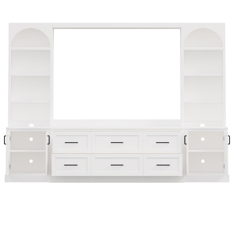 Arched Entertainment Center Wall Unit With 6 Drawers, Large TV Stand With Bookshelves