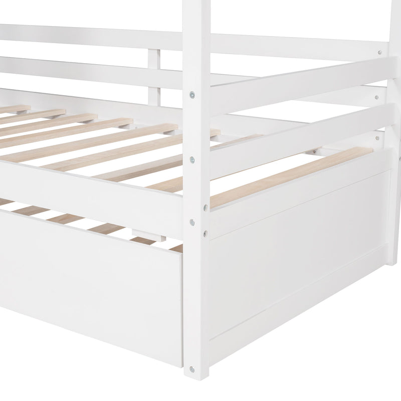 Twin Size Classic House Bed With Twin Size Trundle - White