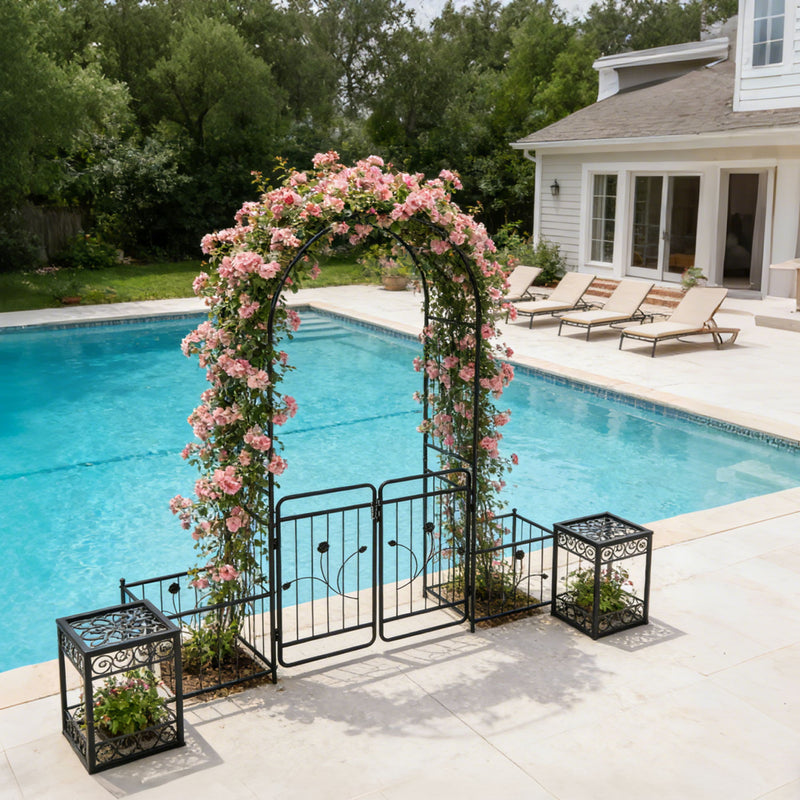 Metal Garden Arch With Gate Wide High Climbing Plants Support Rose Arch Outdoor - Black