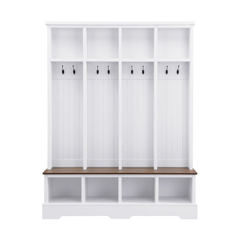 Hall Tree With 8 Hooks, Practical Entryway Bench With Open Compartments