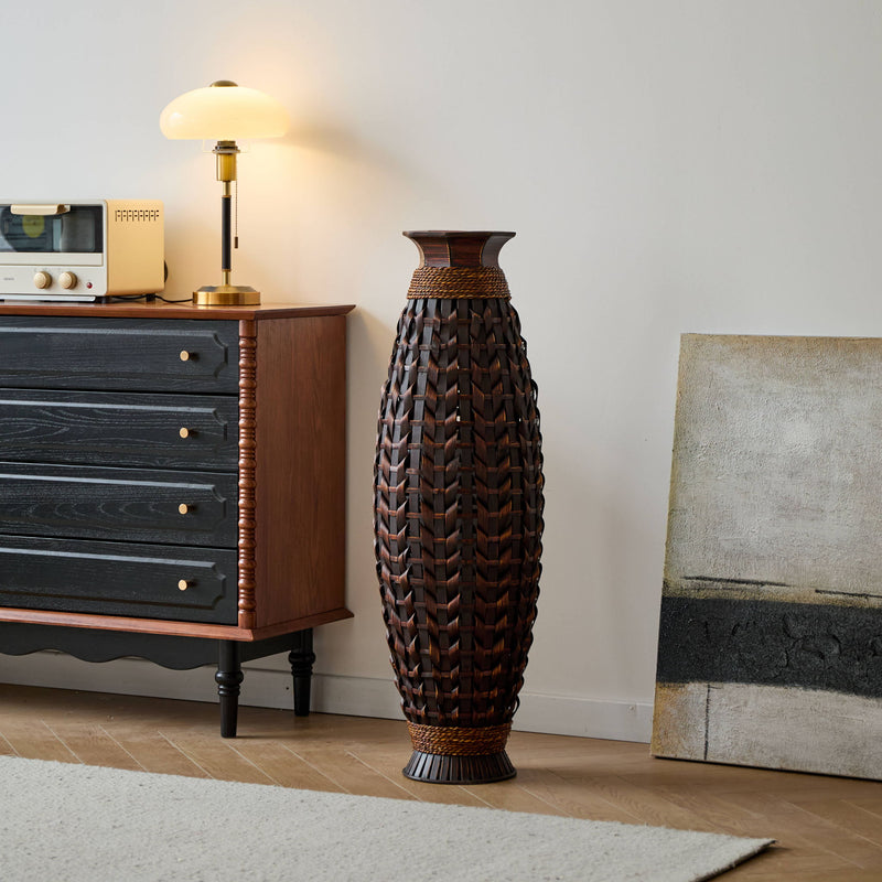 Hand Woven Bamboo Floor Vase, Decorative Accent For Living Room - Acacia Wood