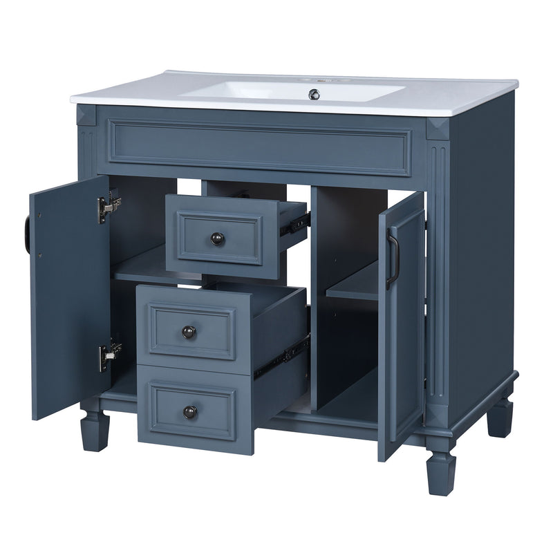 36" Bathroom Vanity With Top Sink, Basin On Cabinet With 2 Soft Closing Doors And 2 Drawers - Blue