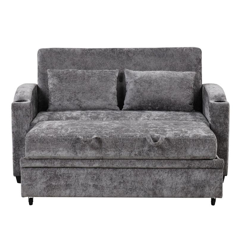 Pull Out Loveseat Sofa With Adjsutable Backrest, 2 Pillows, Cup Holders, USB Ports For Living Room