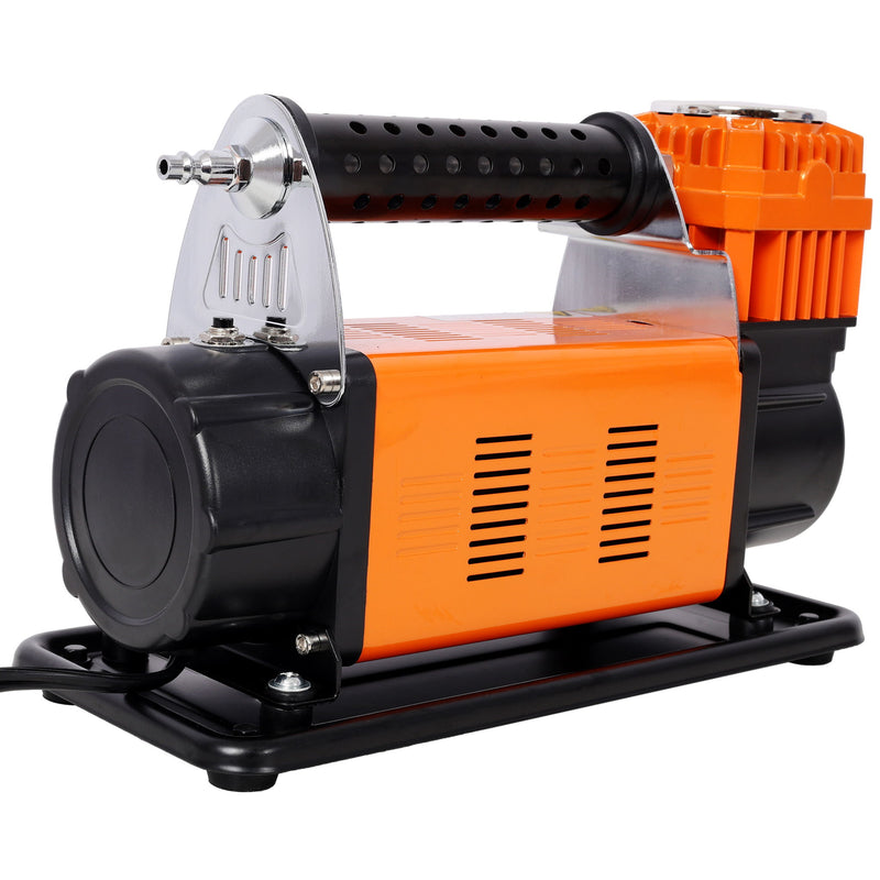 Heavy Duty 12V Air Compressor, Tire Inflator With Pressure Gauge, Compact Size - Black / Orange