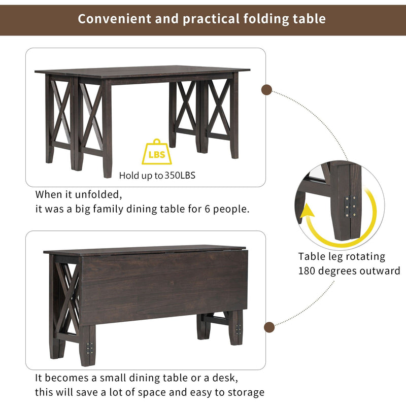 6 Piece Family Dining Room Set, Space Saving Foldable Table And 4 Chairs With Bench