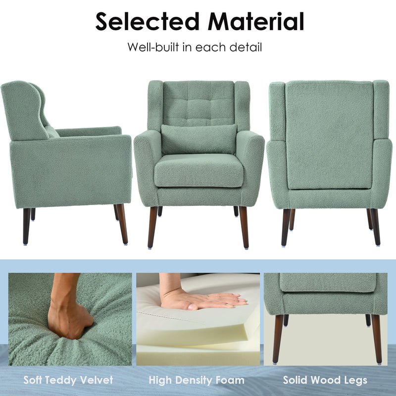 Modern Accent Chair, Teddy Fabric Living Room Chairs Comfy Reading Chair, Mid Century Accent Chair, Lounge Arm Chairs Armchair For Living Room Bedroom - Light Green