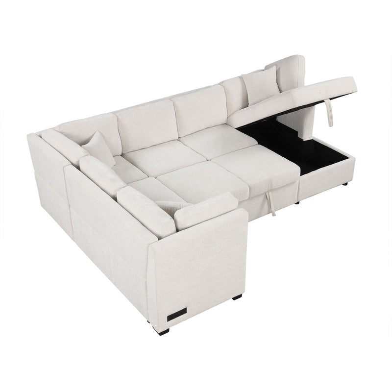 U-Shaped Sectional Sofa Pull Out Sofa Bed With Two USB Ports, Two Power Sockets, Three Back Pillows And A Storage Chaise For Living Room