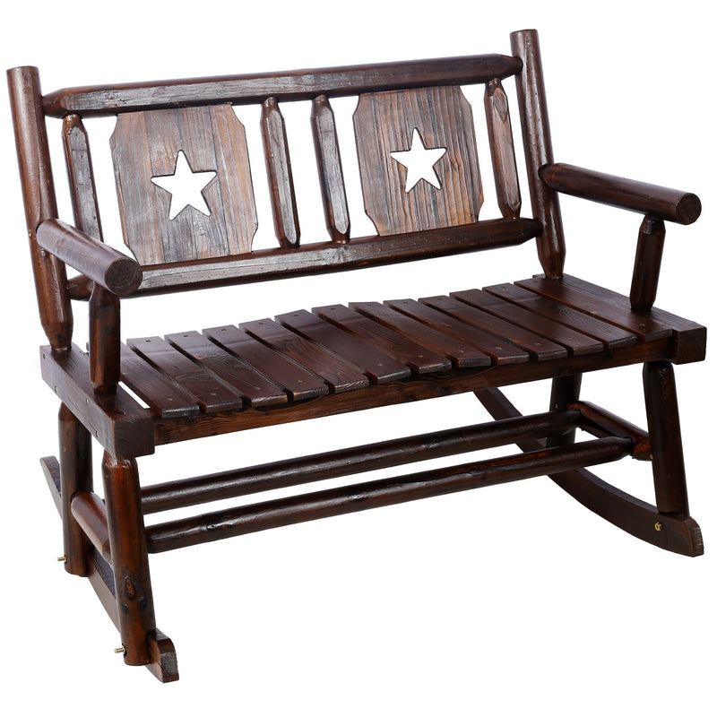 Rustic Outdoor Wood Rocking Bench Double Rocking Chair For 2 Persons With Curved Seat, Porch Rocker - Brown