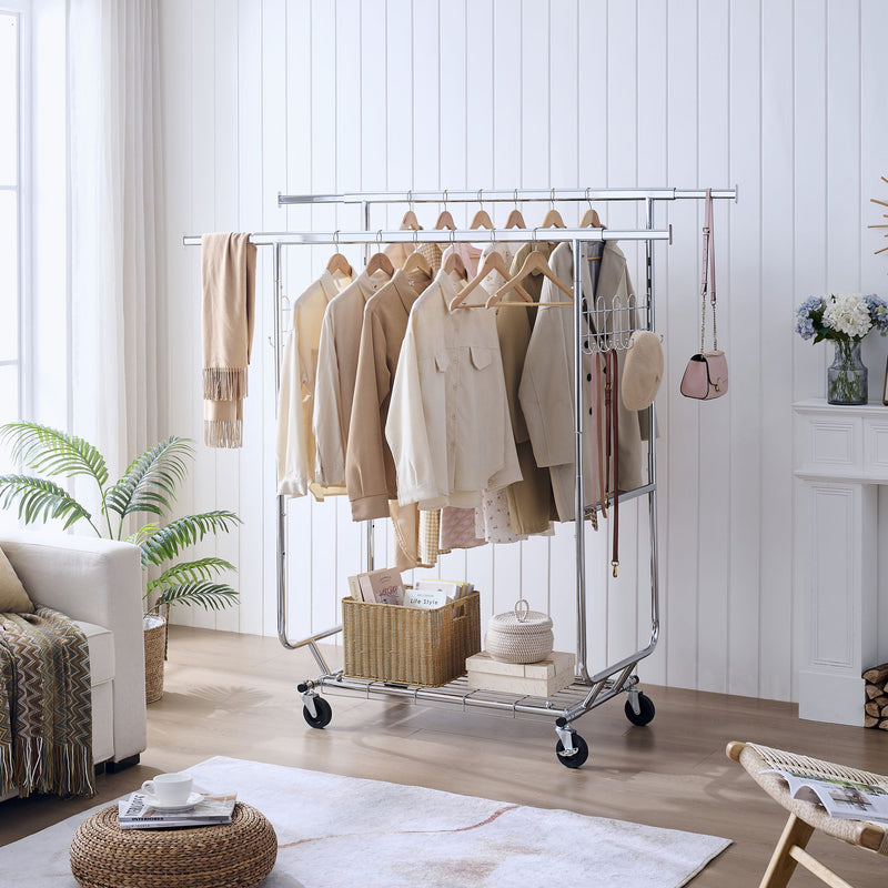 Heavy Duty Double Clothing Garment Rack With Shelves - Silver