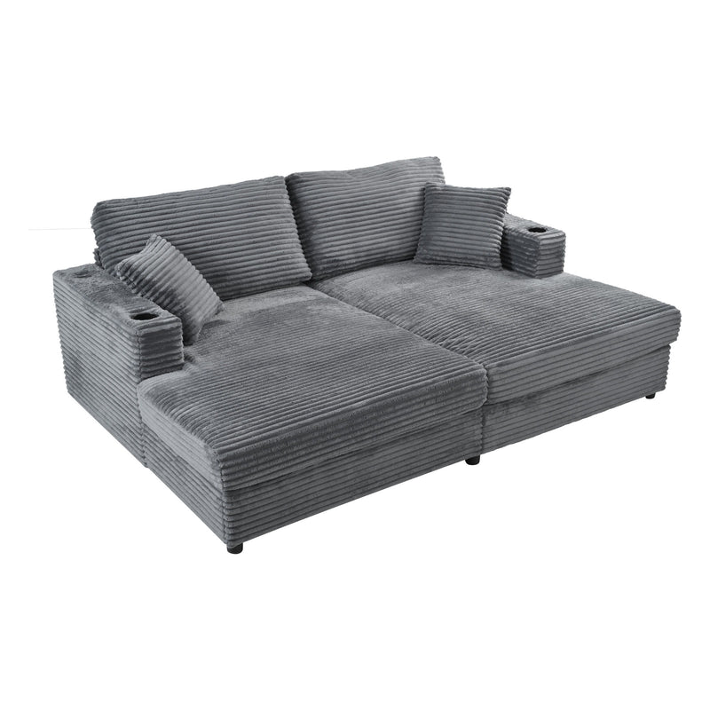 Oversized Loveseat Chaise With 2 USB Ports, 2 Cup Holders And 2 Throw Pillows