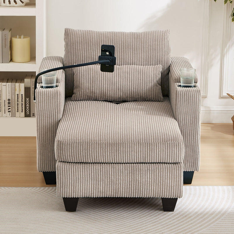 Convertible Chaise Lounge Sofa Chair With USB Ports, Cup Holders, Phone Holder And Storage