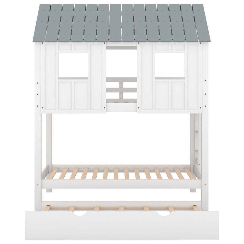 Twin Size House Bunk Bed With Trundle, Roof And Windows - White / Gray
