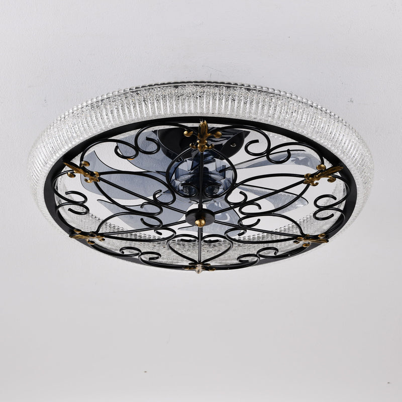 20" Caged Ceiling Fan With Remote Control And Crystal Sand Lampshade - Matte Black