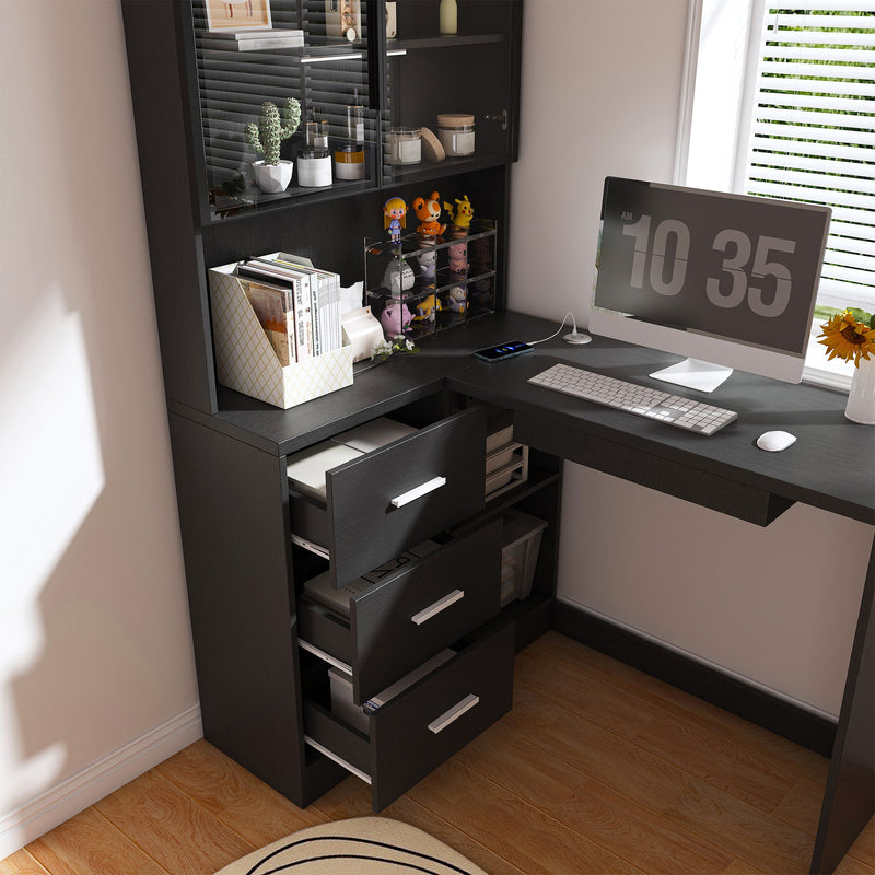 L-Shaped Computer Desk With Glass Cabinets, Built In LED Lights, USB Charging Ports