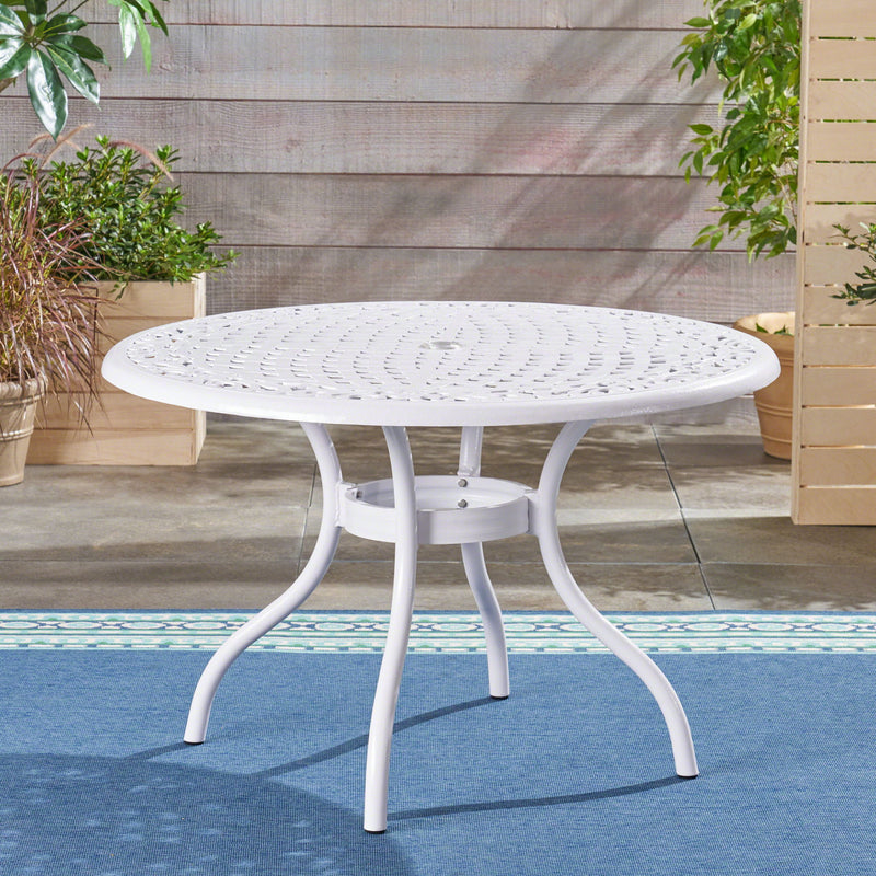 Tranquilius - Outdoor Round Dining Table With Lattice Tabletop, Umbrella Hole And Curved Legs