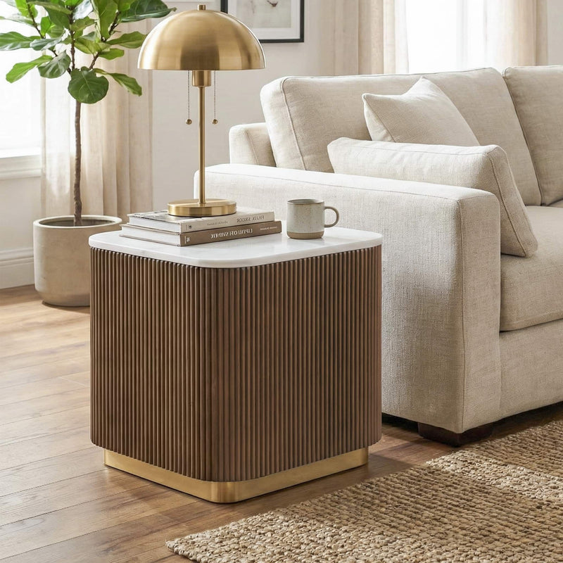 3 Piece Table Set, Square Cocktail Table & 2 Square End Tables - Brown / Gold / White