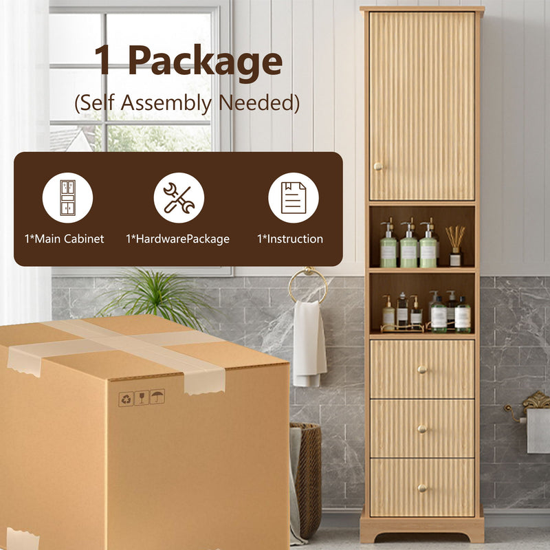 Tall Bathroom Cabinet With 1 Door, 3 Drawers, Open Storage - Wood