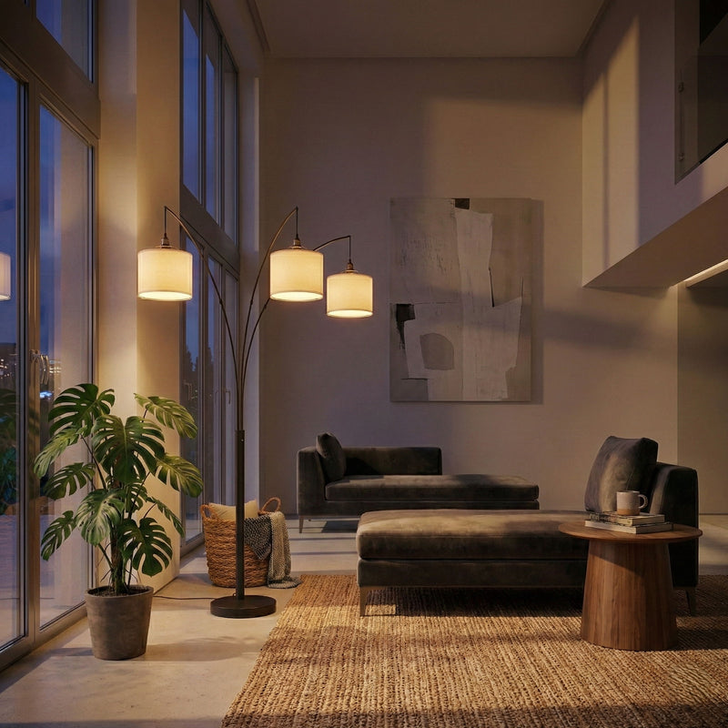 Royal - 3 Arm Arc Floor Lamp, Oil Rubbed Bonze With Linen Shade, 4 Way Rotary Switch - Oil-Rubbed Bronze