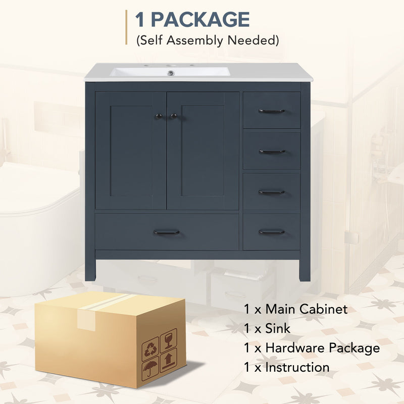 Bathroom Vanity With Ceramic Sink Combo, Abundant Storage Cabinet 2 Soft Close Doors And 5 Drawers
