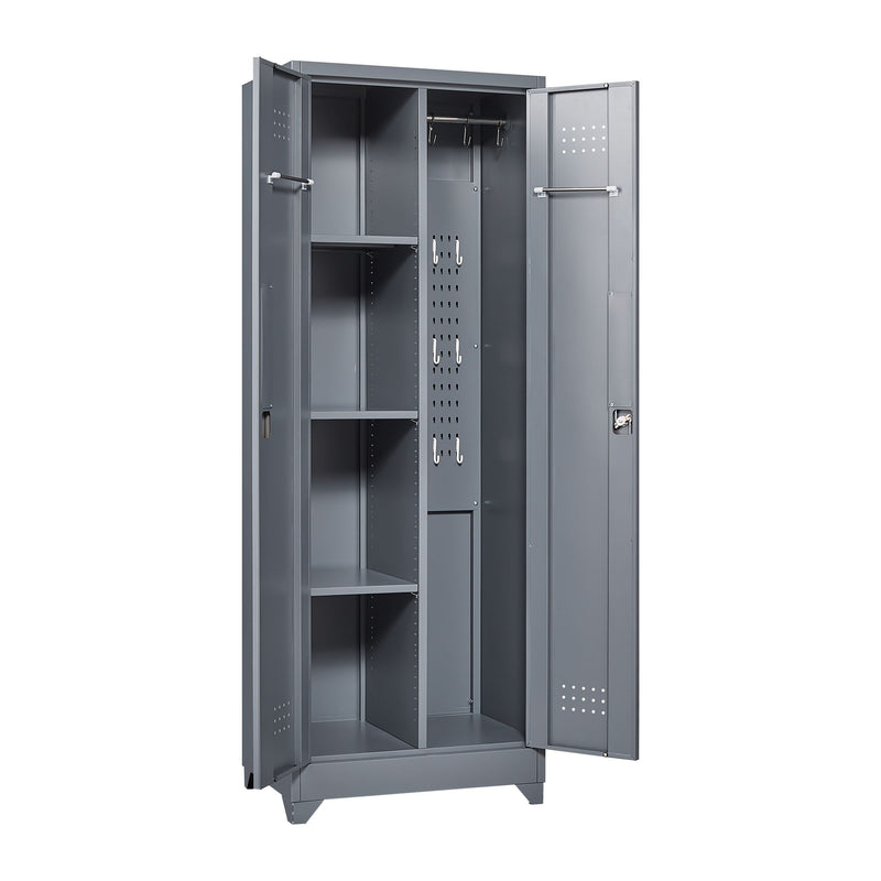 Heavy Duty Storage Cabinet With Locking Doors, Hanging Rod & Shelves, Broom Closet - Gray