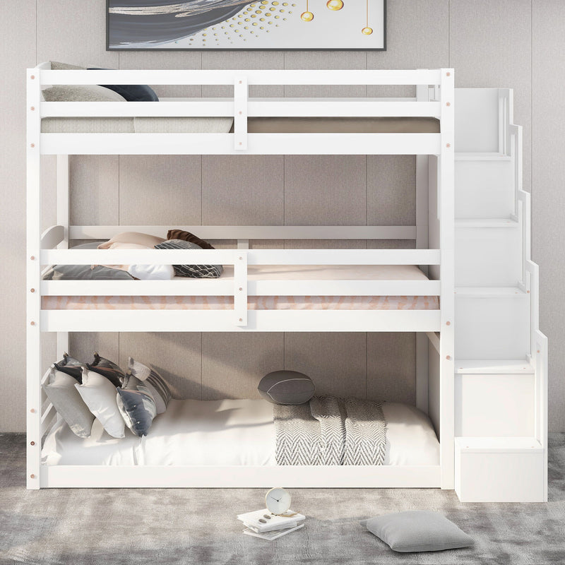 Twin Size Triple Bunk Bed With Storage Staircase, Separate Design - White