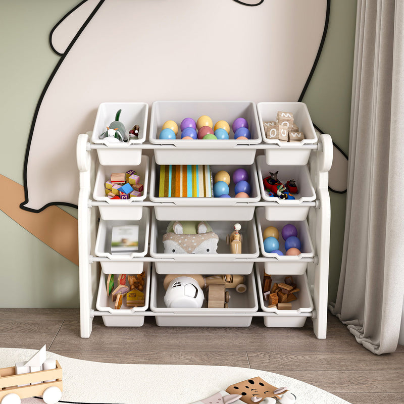 Multi Functional Kids Toy Storage Organizer Cabinet With Hdpe Shelf And 12 Bins - Gray / Ivory