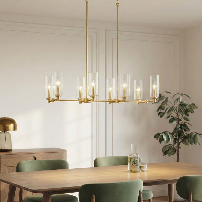 Willow - 8 Lights Island With Clear Ribbed Pendant Lamp Satin - Antique Brass / Clear / Gold